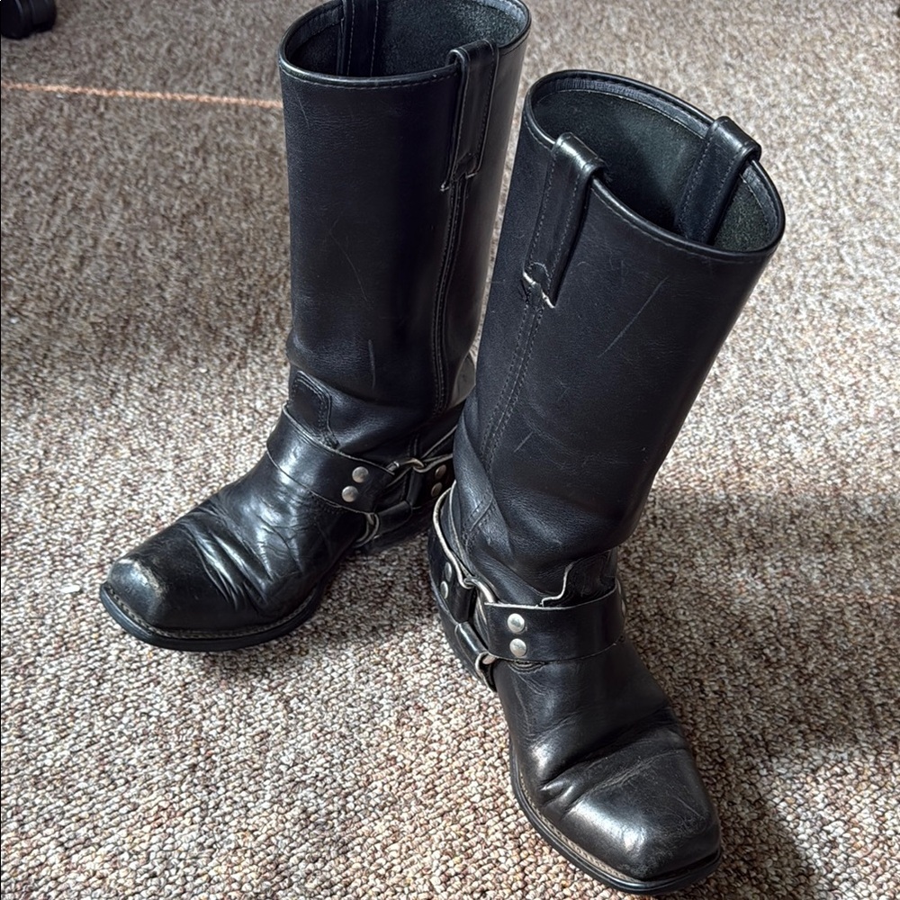 Double H Black Leather Harness Heeled Boots - Women's